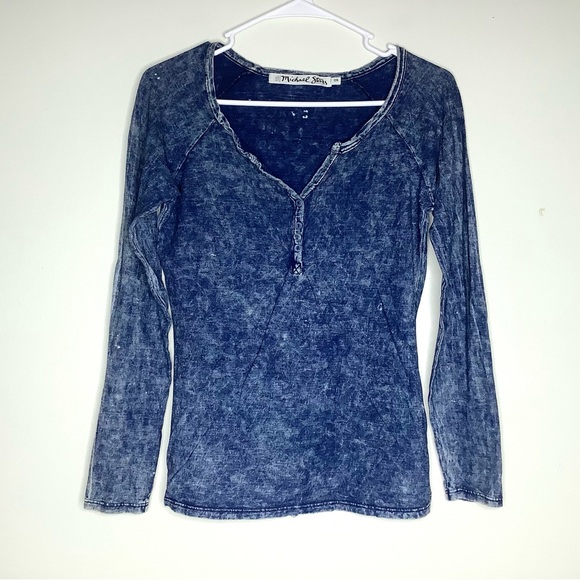 < Michael Stars Blue Burnout Long Sleeve Henley Tee > - Picture 1 of 5